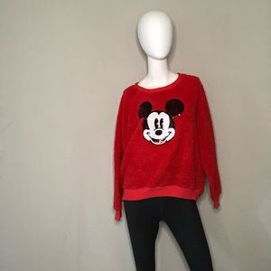 Disney Sequined Mickey Mouse Red Fuzzy Sweater